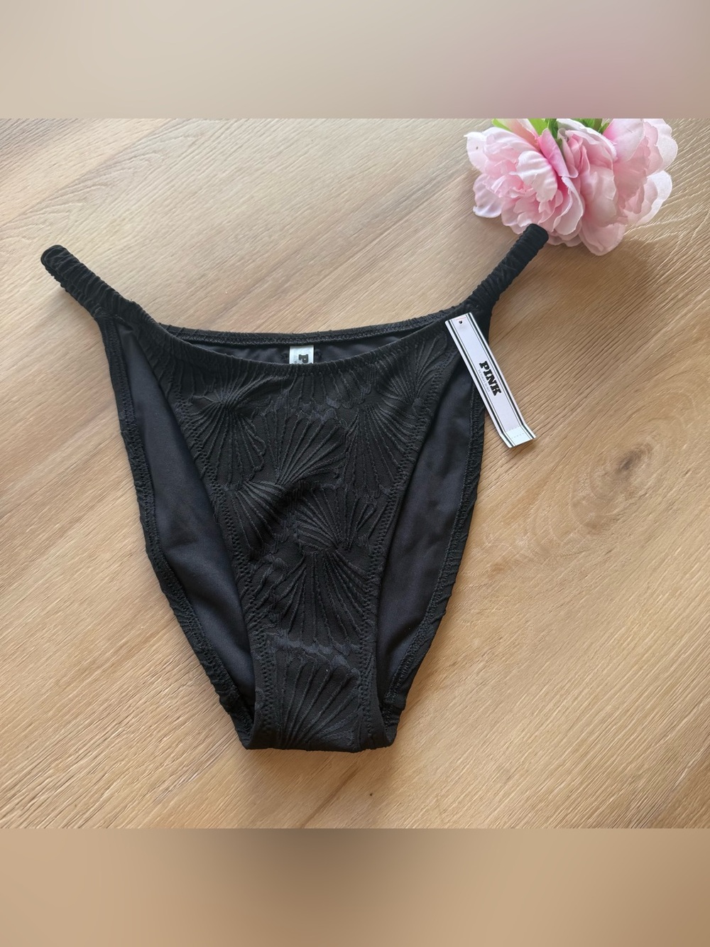 PINK Victoria's Secret Black Bikini Panty large logo textured high waist nwt